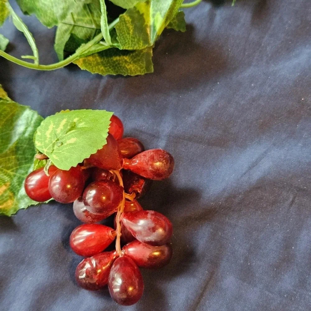 Red plastic grape cluster with green leaves